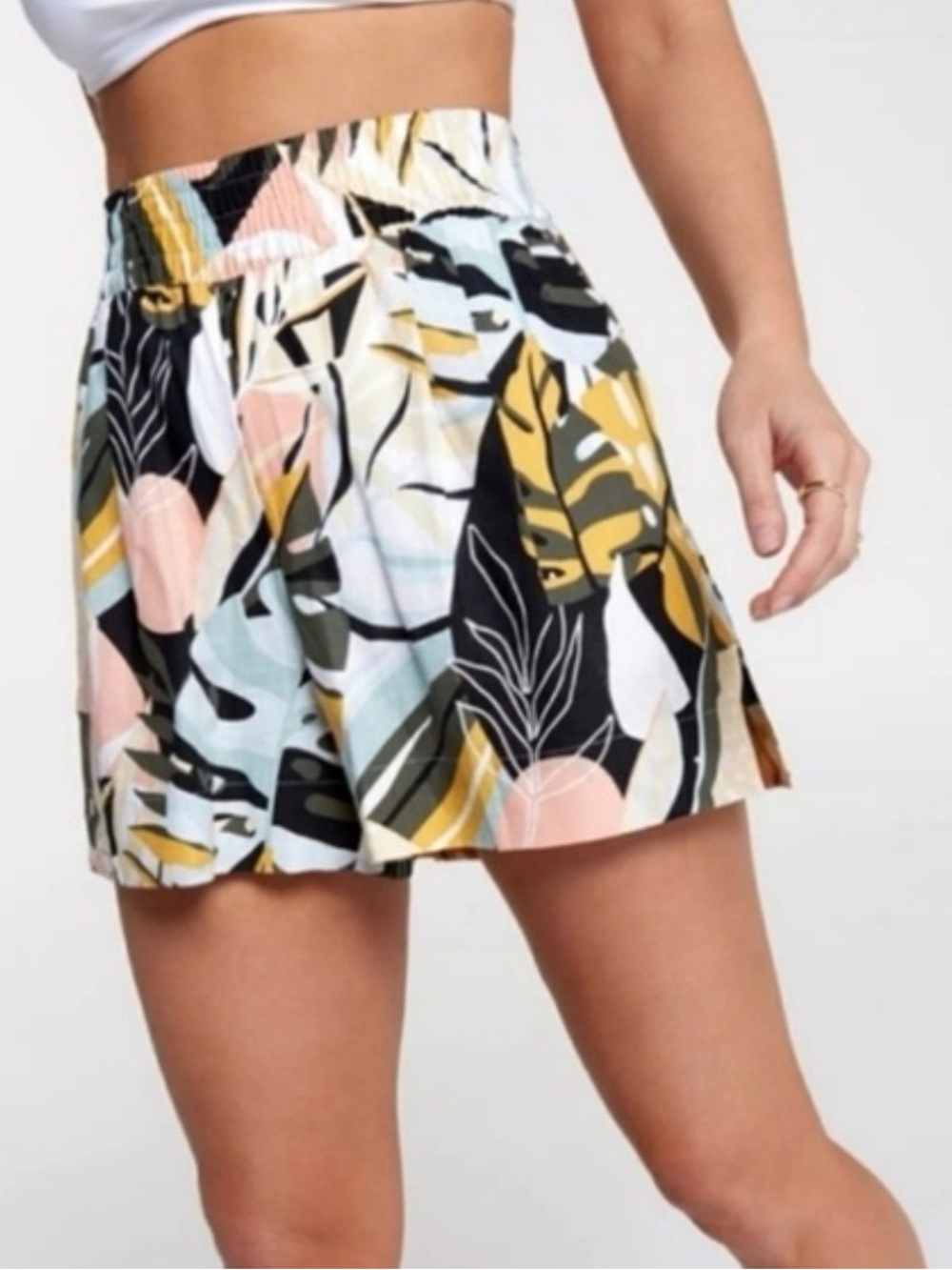 CALIA Multi Palm Linen Blend Inverted Pleat Pull-On Shorts Large
